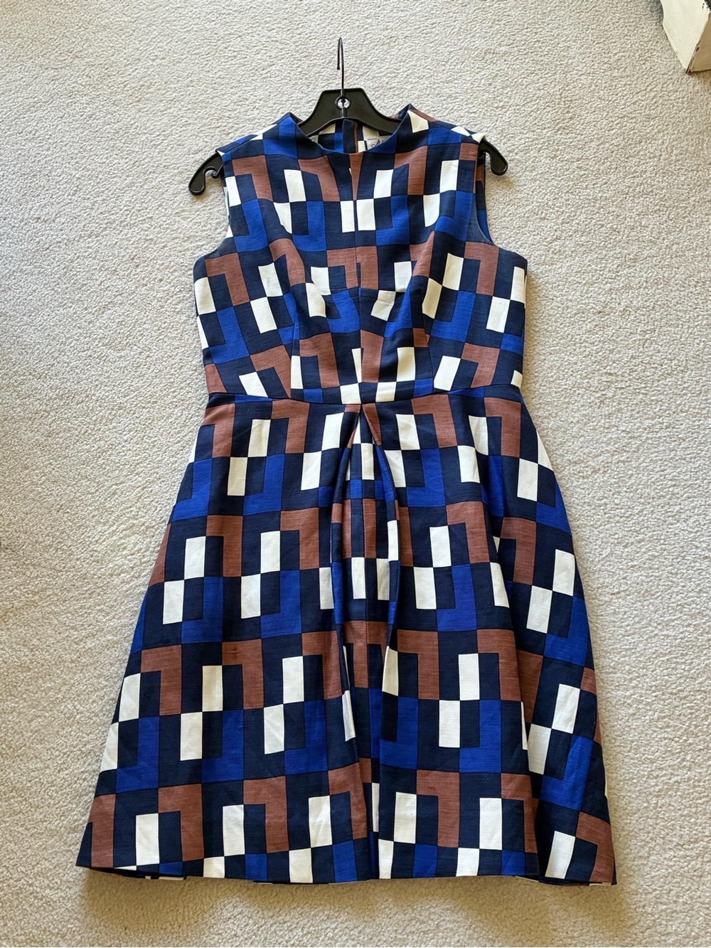Milly Geometric Block-Print Sleeveless Midi Dress in Blue, Brown & White